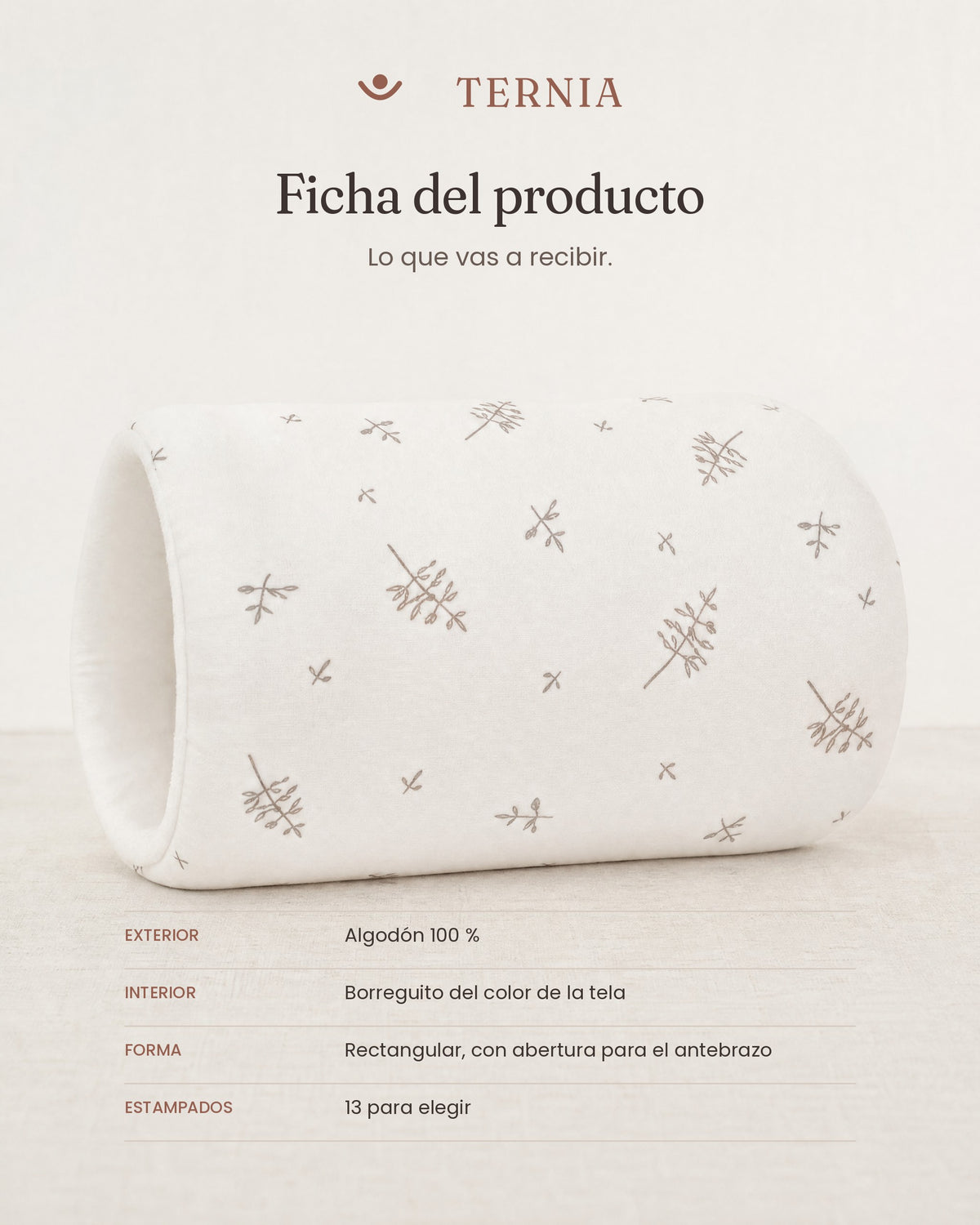 Ficha del cojín TERNIA: algodón 100 % por fuera, borreguito por dentro, forma rectangular, 13 estampados